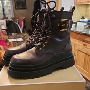 Michael Kors Brown Leather Combat Boots with Gold Accents